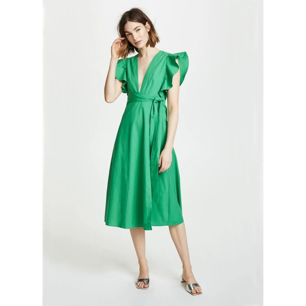 Valencia & Vine Molly Poplin Wrap Dress Small Green Plunge V-Neck Flutter Sleeve